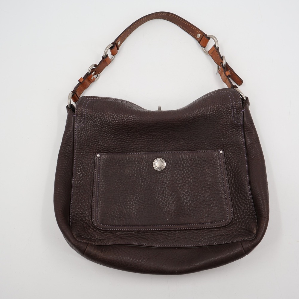 Coach Hobo Shoulder Bag Womens Large Brown Pebbled Leather Purple Stitching